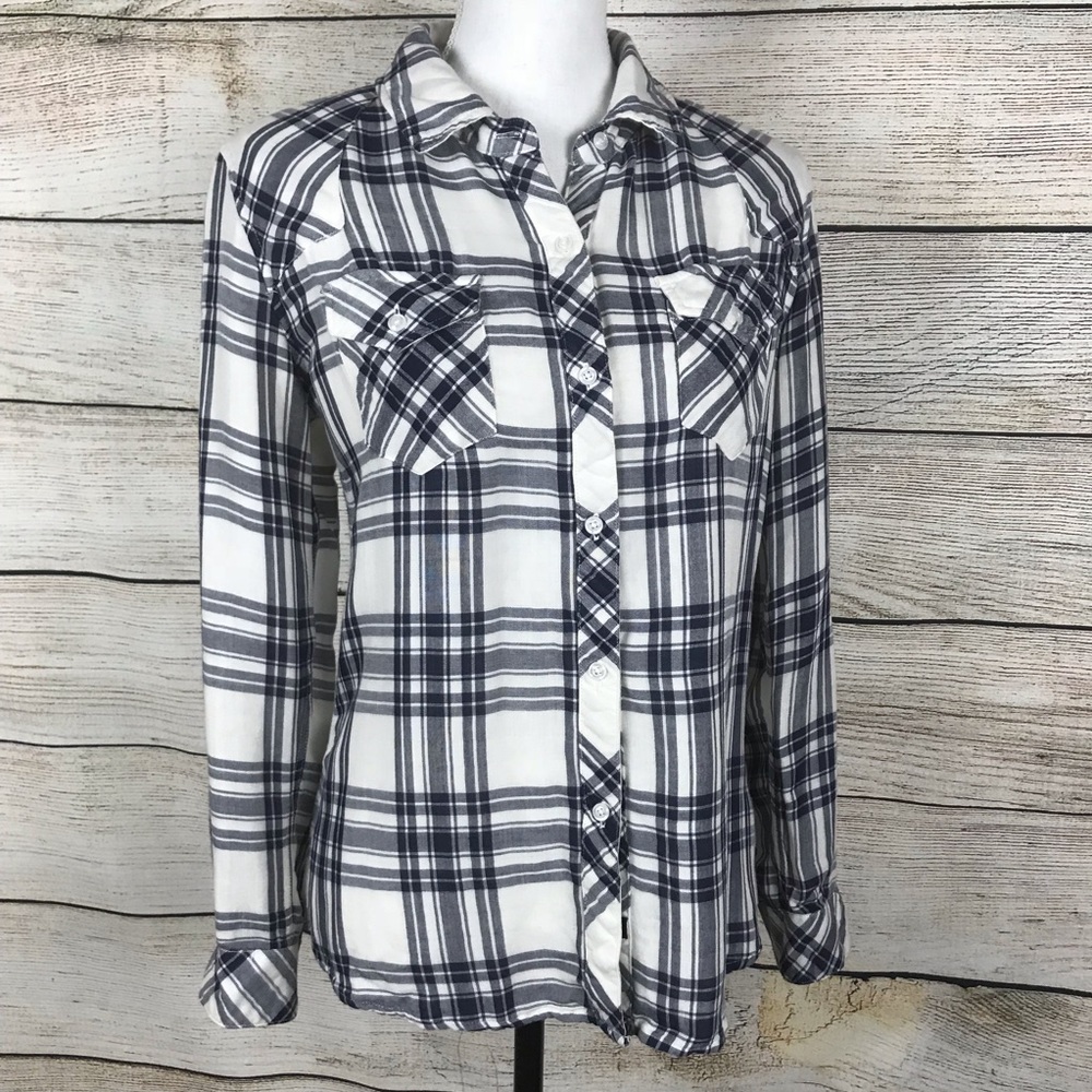 Rails blue and white plaid long sleeve collared button down top